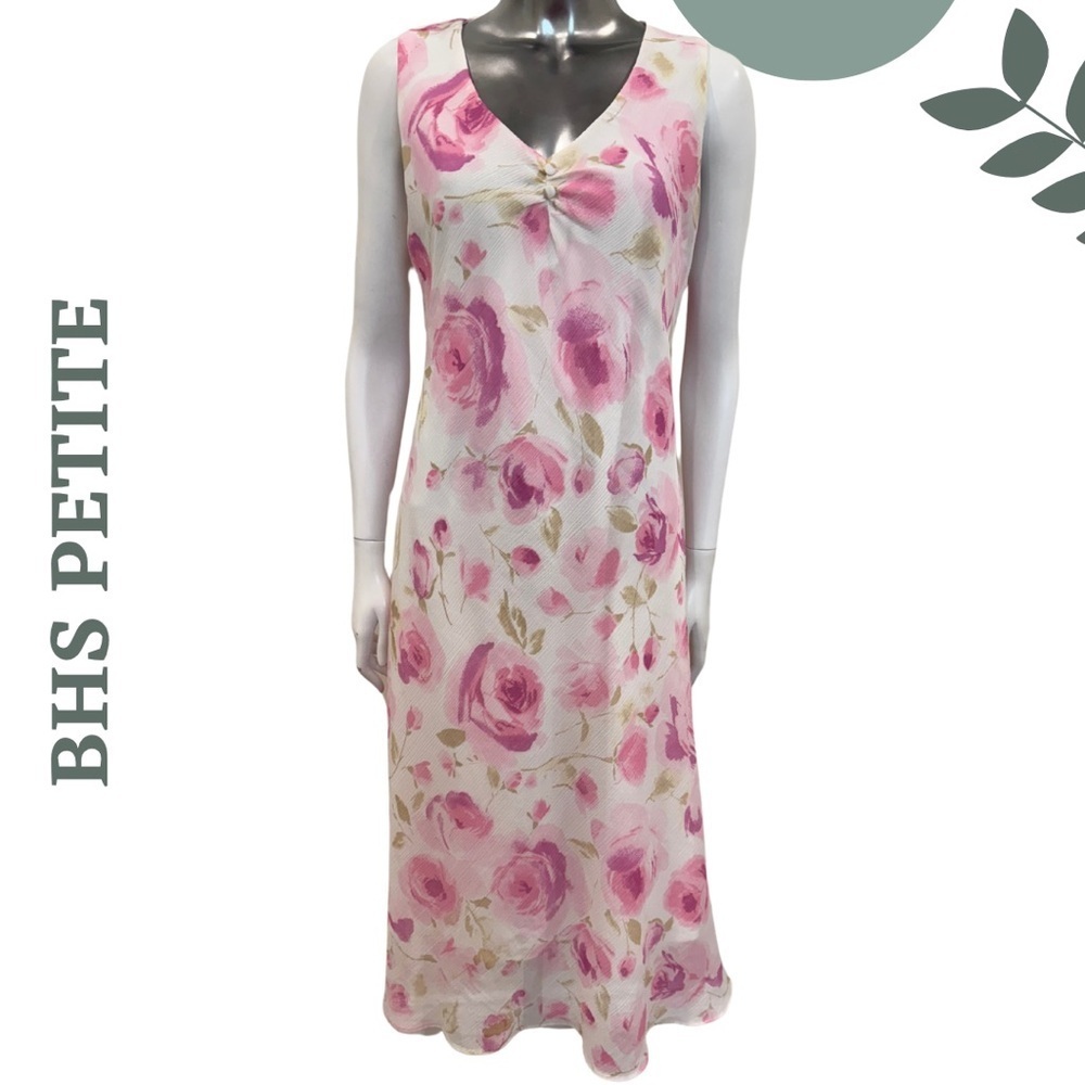 🛍️3/$40 BHS PETITE Sleeveless Rose Print Floral Midi Dress (Petite) White Pink